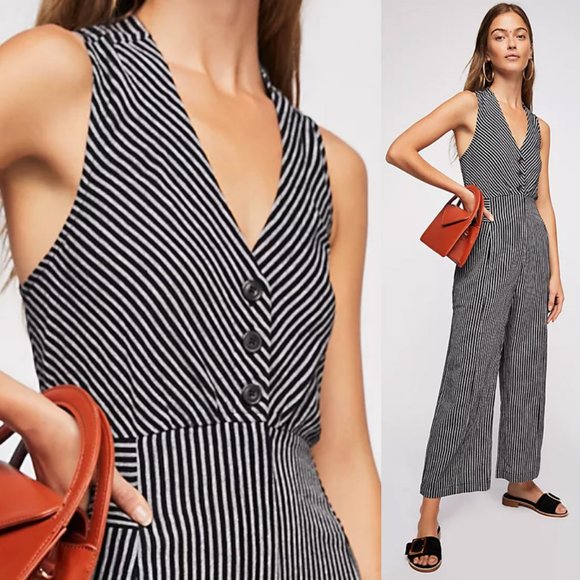 Free People The Liberty Jumpsuits Wide Leg Cotton Black White Striped 6 $128 - Picture 2 of 14